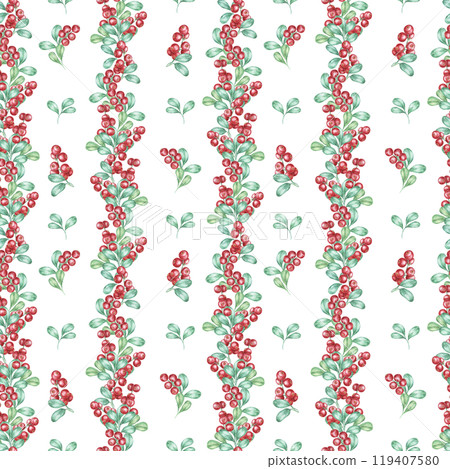 A delicate arrangement of red berries and soft green leaves in vertical rows. This seamless pattern cranberry watercolor clipart is ideal for fabric designs, gift packaging, or wedding invitations 119407580