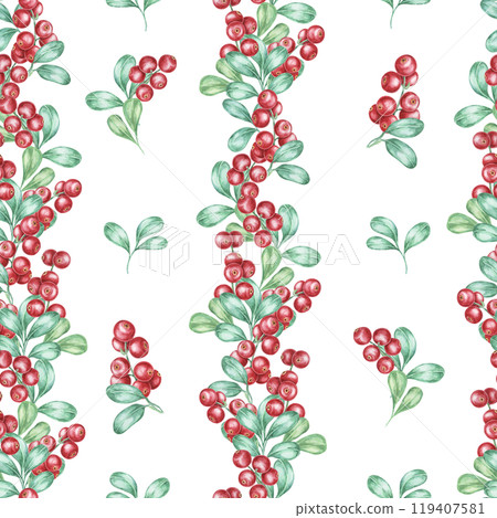 Red berries and green leaves aligned vertically in a seamless pattern design. This cranberry watercolor pattern can be used for holiday invitations, wrapping paper, or product packaging 119407581