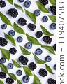 blackberries and blueberries on a white background, close-up, top view.  119407583