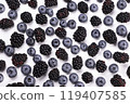 blackberries and blueberries on a white background, close-up, top view. 119407585