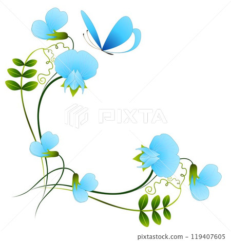 Corner with blue pea flowers and butterfly. Corner with blue pea flowers and butterfly. 119407605