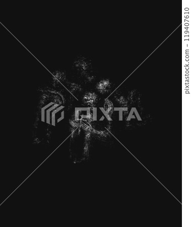 Four fearful creatures with a cross in their hands, Praying in total darkness, dark horror illustration 119407610