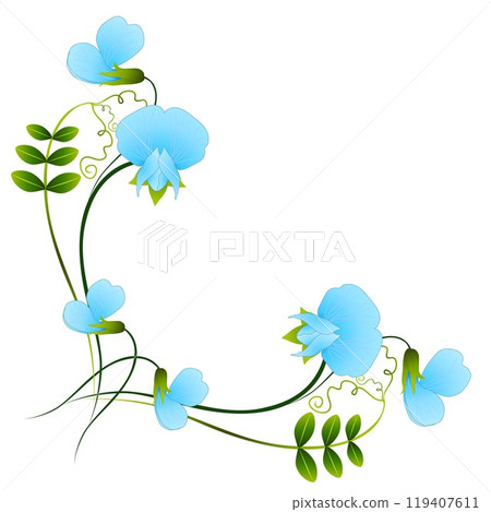 Corner with blue pea flowers on white background. Corner with blue pea flowers on white background. 119407611