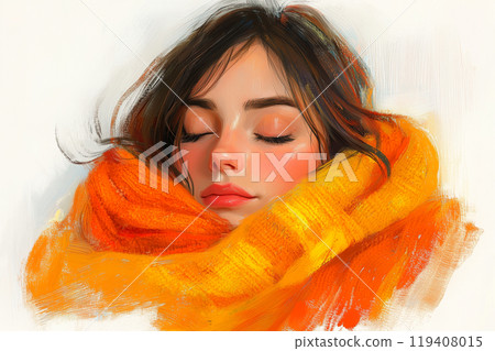 Relaxed young woman wrapped in a blanket. Autumn atmosphere, book style illustration. Abstract painting, rough strokes, hand drawing, colored sketch 119408015