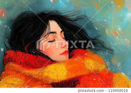 Relaxed young woman wrapped in a blanket. Autumn atmosphere, book style illustration. Abstract painting, rough strokes, hand drawing, colored sketch 119408016
