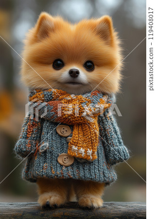 Crocheted yarn toy in the form of a personalized Pomeranian spitz wearing a top and a smiling scarf. Crochet or crochet animal character. Dogs, pets 119408017