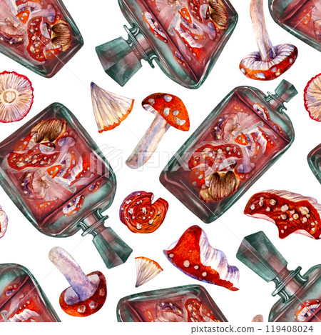 Seamless pattern of a glass vintage bottle with a drink and poisonous fly agaric mushrooms. Watercolor template for magic potion, drinks, Halloween, medicine, fairytale dreams, aromatherapy Seamless pattern of a glass vintage bottle with a drink and poisonous fly agaric mushrooms. Watercolor template for magic potion, drinks, Halloween, medicine, fairytale dreams, aromatherapy 119408024