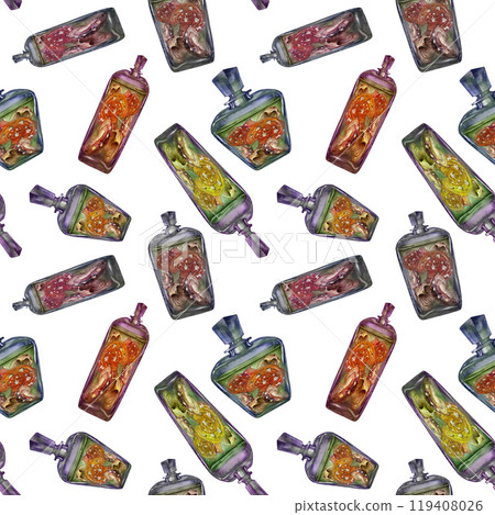 Seamless pattern of a glass vintage bottle with a drink and poisonous fly agaric mushrooms. Watercolor template for magic potion, drinks, Halloween, medicine, fairytale dreams, aromatherapy Seamless pattern of a glass vintage bottle with a drink and poisonous fly agaric mushrooms. Watercolor template for magic potion, drinks, Halloween, medicine, fairytale dreams, aromatherapy 119408026
