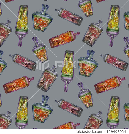 Seamless pattern of a glass vintage bottle with a drink and poisonous fly agaric mushrooms. Watercolor template for magic potion, drinks, Halloween, medicine, fairytale dreams, aromatherapy 119408034