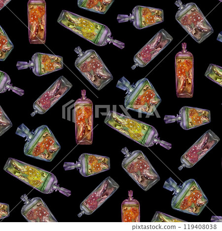 Seamless pattern of a glass vintage bottle with a drink and poisonous fly agaric mushrooms. Watercolor template for magic potion, drinks, Halloween, medicine, fairytale dreams, aromatherapy 119408038