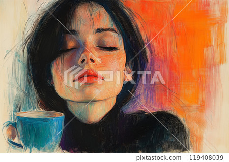 A sleepy girl with a cup of coffee, colorful pencil illustration for a magazine. Concept of rest, tiredness and coffee drinking 119408039