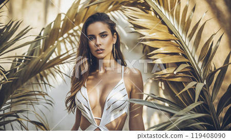 beautiful girl in palm leaves. Beautiful young sexy woman in bikini beautiful girl in palm leaves. Beautiful young sexy woman in bikini 119408090