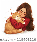 Young woman or brunette girl Hugging orange ginger Cat Illustration 119408110