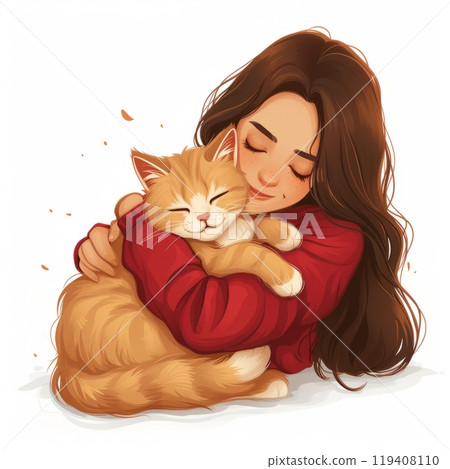 Young woman or brunette girl Hugging orange ginger Cat Illustration 119408110
