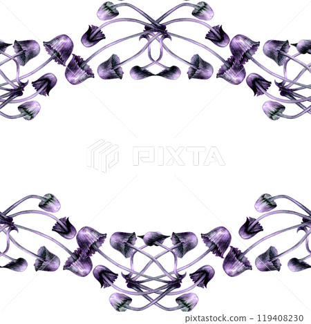 Seamless pattern with purple toadstools. Watercolor illustration of magic mushrooms in a realistic style on a white background. Template design element for Halloween prints, fairy tales 119408230