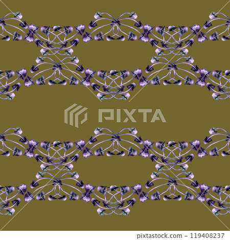 Seamless pattern with purple toadstools. Watercolor illustration of magic mushrooms in a realistic style on a green background. Template design element for Halloween prints, fairy tales 119408237