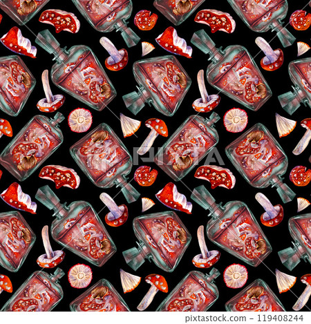 Seamless pattern of a glass vintage bottle with a drink and poisonous fly agaric mushrooms. Watercolor template for magic potion, drinks, Halloween, medicine, fairytale dreams, aromatherapy Seamless pattern of a glass vintage bottle with a drink and poisonous fly agaric mushrooms. Watercolor template for magic potion, drinks, Halloween, medicine, fairytale dreams, aromatherapy 119408244