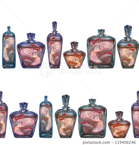 Seamless pattern of a glass vintage bottle with a drink and poisonous fly agaric mushrooms. Watercolor template for magic potion, drinks, Halloween, medicine, fairytale dreams, aromatherapy Seamless pattern of a glass vintage bottle with a drink and poisonous fly agaric mushrooms. Watercolor template for magic potion, drinks, Halloween, medicine, fairytale dreams, aromatherapy 119408246
