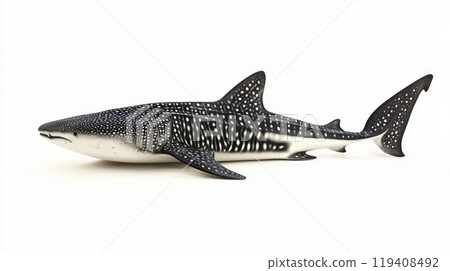 photo features a Whale Shark known for its distinctive spotted patterns isolated against a white background highlighting its majestic form and size. photo features a Whale Shark known for its distinctive spotted patterns isolated against a white background highlighting its majestic form and size. 119408492