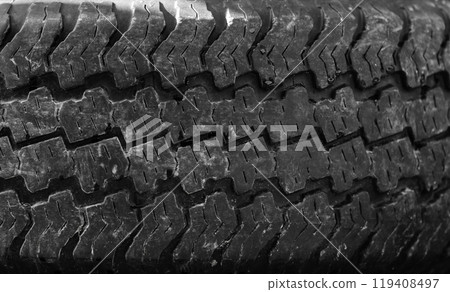 Used car tire protector pattern, close up photo Used car tire protector pattern, close up photo 119408497