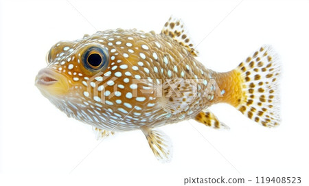 stunning pufferfish with intricate patterns and vibrant colors swims amidst a pristine white backdrop showcasing its unique features and textures beautifully. 119408523