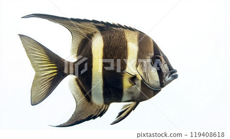 Atlantic Spadefish showcases its unique appearance characterized by bold black and white vertical stripes highlighting its features and color against a plain white background. 119408618