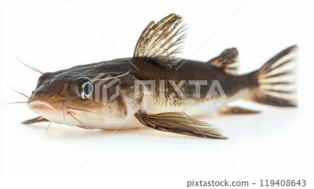Otocinclus catfish is isolated on a white background allowing for a clear view of its unique body shape and striking details ideal for educational and reference purposes. 119408643
