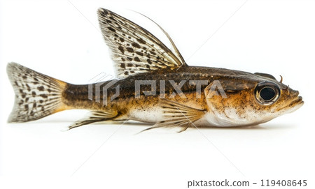 Otocinclus Catfish with distinct patterns is prominently displayed against a clean white background emphasizing its unique anatomical features and colors. 119408645