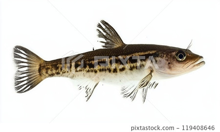 Otocinclus Catfish displays its unique markings and features while swimming. The fish is isolated against a white backdrop highlighting its distinct characteristics. 119408646