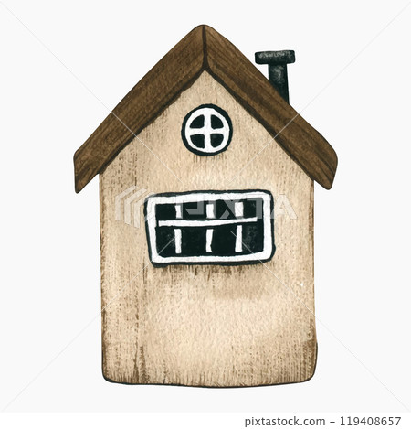 Small cute cartoon grey house isolated on white background. Watercolor stylized children's illustration drawn by hand. Cozy small wooden beige cottage in Scandinavian style. Fishing village. Vector Small cute cartoon grey house isolated on white background. Watercolor stylized children's illustration drawn by hand. Cozy small wooden beige cottage in Scandinavian style. Fishing village. Vector 119408657
