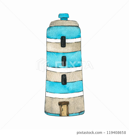 Cute cartoon blue lighthouse isolated. Watercolor stylized children's illustration drawn by hand. Old sea lighthouse in Scandinavian style, could be used for kid posters or cards. Fishing village. eps Cute cartoon blue lighthouse isolated. Watercolor stylized children's illustration drawn by hand. Old sea lighthouse in Scandinavian style, could be used for kid posters or cards. Fishing village. eps 119408658