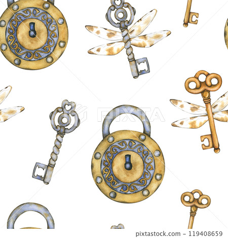 Watercolor seamless pattern with flying keys and an old lock. Vintage background with old-fashioned items. Hand-drawn wallpapers for textile, scrapbooking paper, stationery design Watercolor seamless pattern with flying keys and an old lock. Vintage background with old-fashioned items. Hand-drawn wallpapers for textile, scrapbooking paper, stationery design 119408659