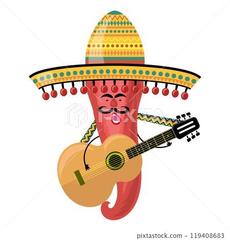Vector Mexican Pepper with sombrero and guitar. Cinco de mayo symbol isolated on white background 119408683