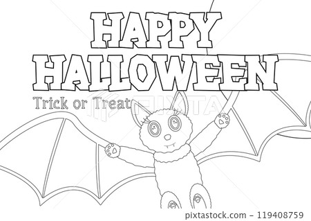 A fun Halloween-themed coloring page featuring a cute bat and Happy Halloween text. Perfect for kids activities and festive projects. 119408759