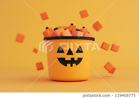 A fun Halloween bucket filled with colorful candy cubes on a bright yellow background. Celebrating Halloween A fun Halloween bucket filled with colorful candy cubes on a bright yellow background. Celebrating Halloween 119408775