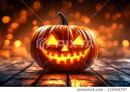 Carved smiling pumpkin with a candle on a vintage wooden table with a light bokeh background. Festive atmosphere of Happy Halloween 119408797