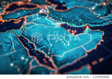 Digital map illustrating Saudi Arabia and Middle East region connectivity for cyber technology. 119408800