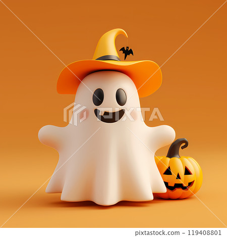 Cute happy ghost in a orange witch hat with carved pumpkin on an orange background. Digital illustration on the theme of Happy Halloween Cute happy ghost in a orange witch hat with carved pumpkin on an orange background. Digital illustration on the theme of Happy Halloween 119408801