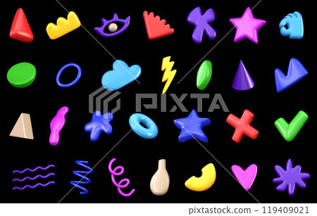 3D vector collection of different bright abstract realistic objects on dark color background. Variety of decorative multicolored decorative shapes. Set in 3d plastic cartoon style 119409021