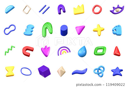 3D vector collection of different bright abstract realistic shapes isolated on a white color background. Variety of decorative multicolored decorative objects. Set in 3d plastic cartoon style 119409022
