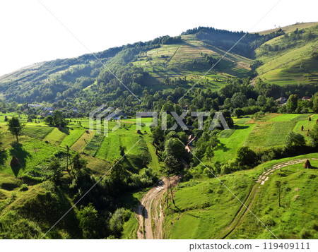Highlands with agriculture. A verdant highland with fields, roads and houses 119409111