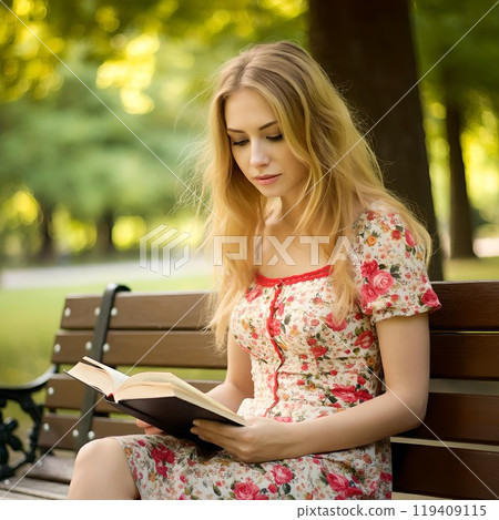 A lovely American woman reading a book on a park bench 119409115