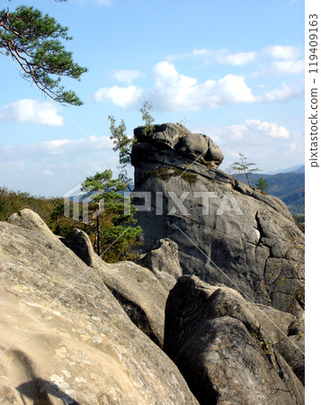 Rock against a blue sky with white clouds and with branches. Carpathian mountains, Dovbush Rocks Rock against a blue sky with white clouds and with branches. Carpathian mountains, Dovbush Rocks 119409163