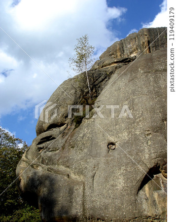 Young birch tree on a rock against the blue sky. Mountains Carpathians, Rocks of Dovbush Young birch tree on a rock against the blue sky. Mountains Carpathians, Rocks of Dovbush 119409179