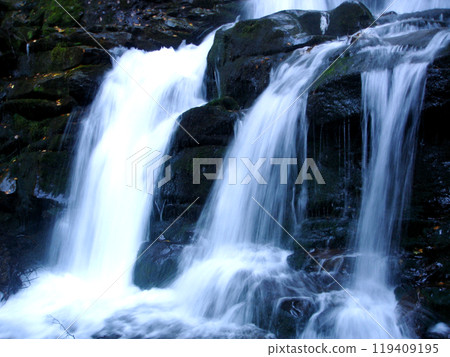 Three streams of water from a waterfall on rocks in the mountains Three streams of water from a waterfall on rocks in the mountains 119409195