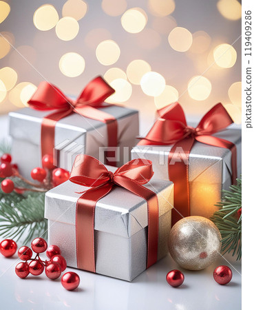 A festive scene of stacked gifts adorned with red bows, pine branches, and baubles, illuminated by warm lights 119409286