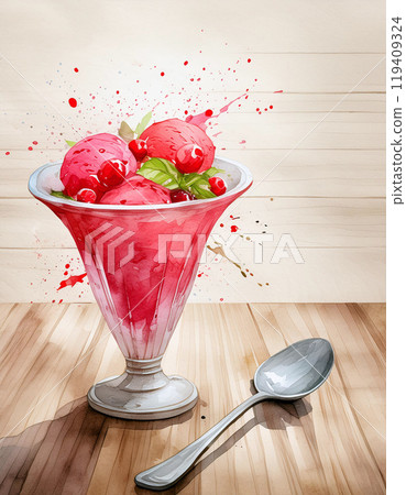 A vibrant digital painting of cherry sorbet in a glass with a spoon 119409324