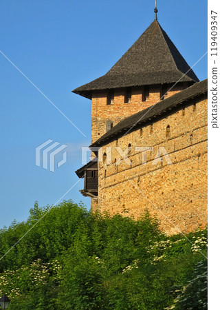 Lubart Castle is part of wall and the Lord Tower against blue sky and with greenery brick wall. 119409347