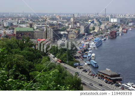 Panoramic View of Kyiv Podil District and Dnipro River from slopes Panoramic View of Kyiv Podil District and Dnipro River from slopes 119409359