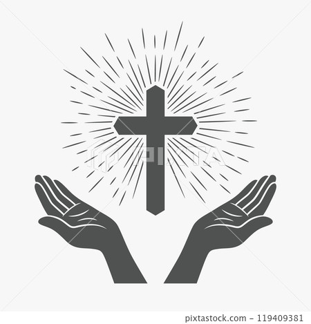 Black and White Open Hands with Cross and Divine Light, Symbol of Faith and Prayer. Design Template for Church Logo. Prayer, Religion Concept Monochrome Cut Out Silhouette Icon. Vector Illustration Black and White Open Hands with Cross and Divine Light, Symbol of Faith and Prayer. Design Template for Church Logo. Prayer, Religion Concept Monochrome Cut Out Silhouette Icon. Vector Illustration 119409381